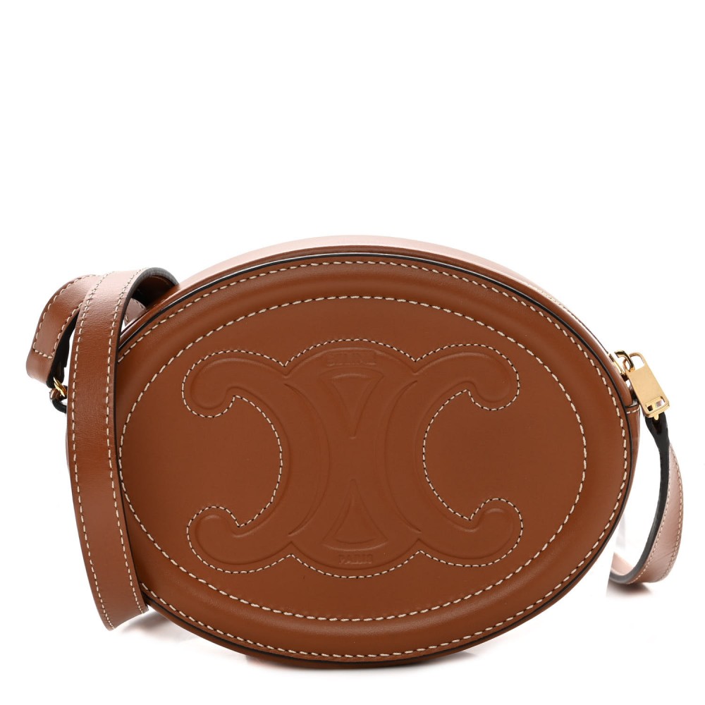 Smooth Calfskin Cuir Small Triomphe Oval Crossbody Purse Tan