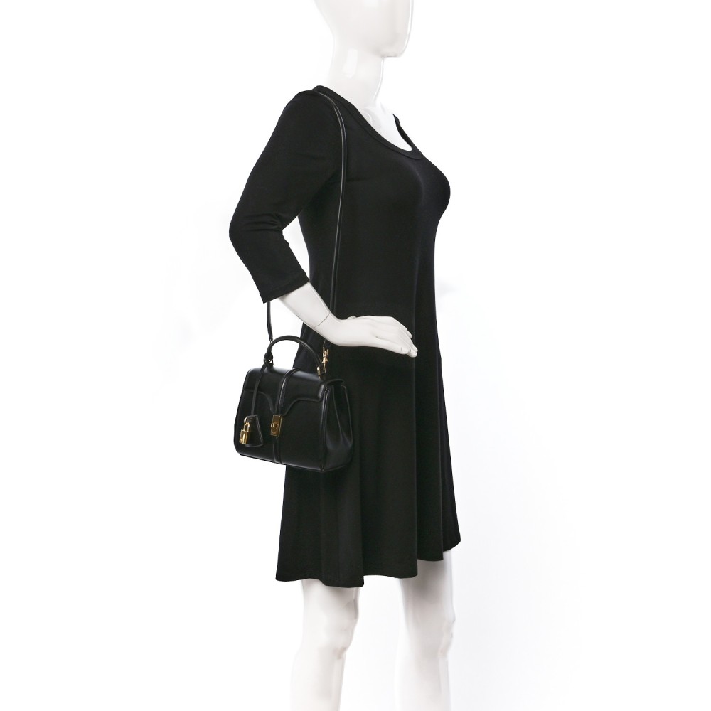 Satinated Calfskin Mini 16 Top Handle Bag Black