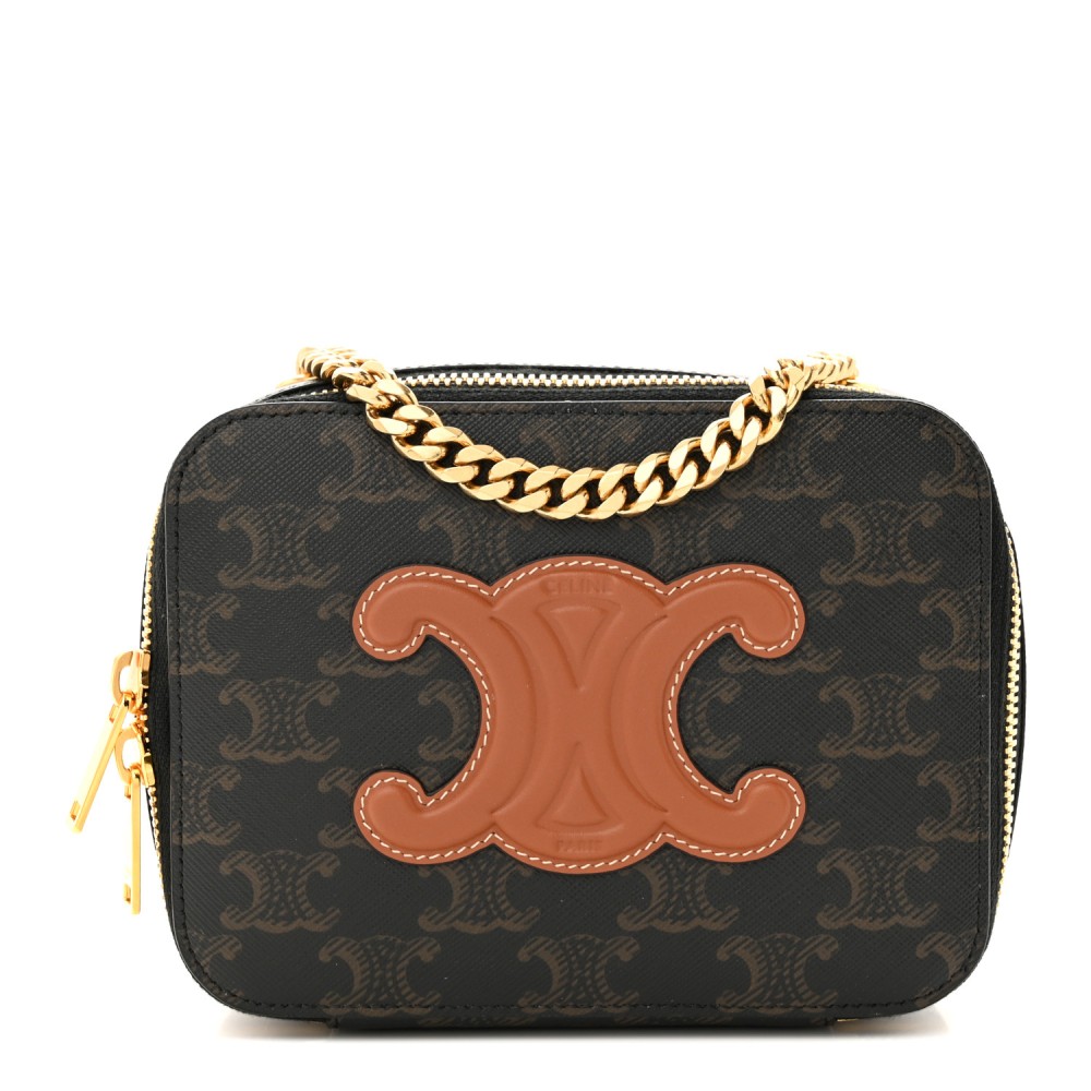 Triomphe Canvas Calfskin Cuir Box On Chain Tan