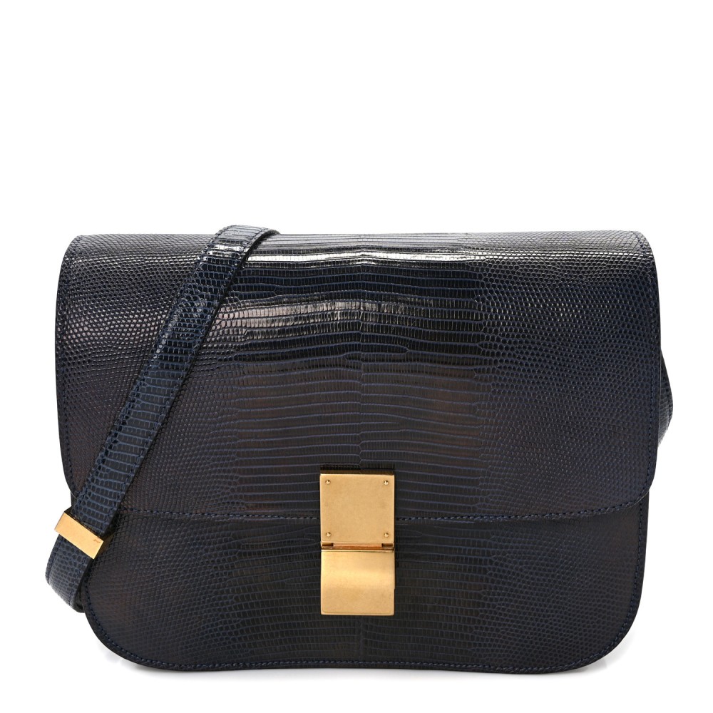 Lizard Medium Classic Box Flap Bag Navy