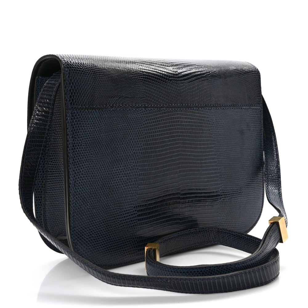 Lizard Medium Classic Box Flap Bag Navy