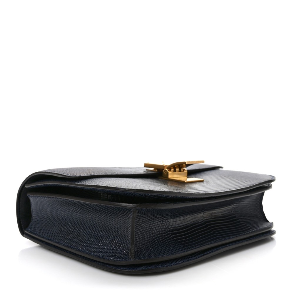 Lizard Medium Classic Box Flap Bag Navy