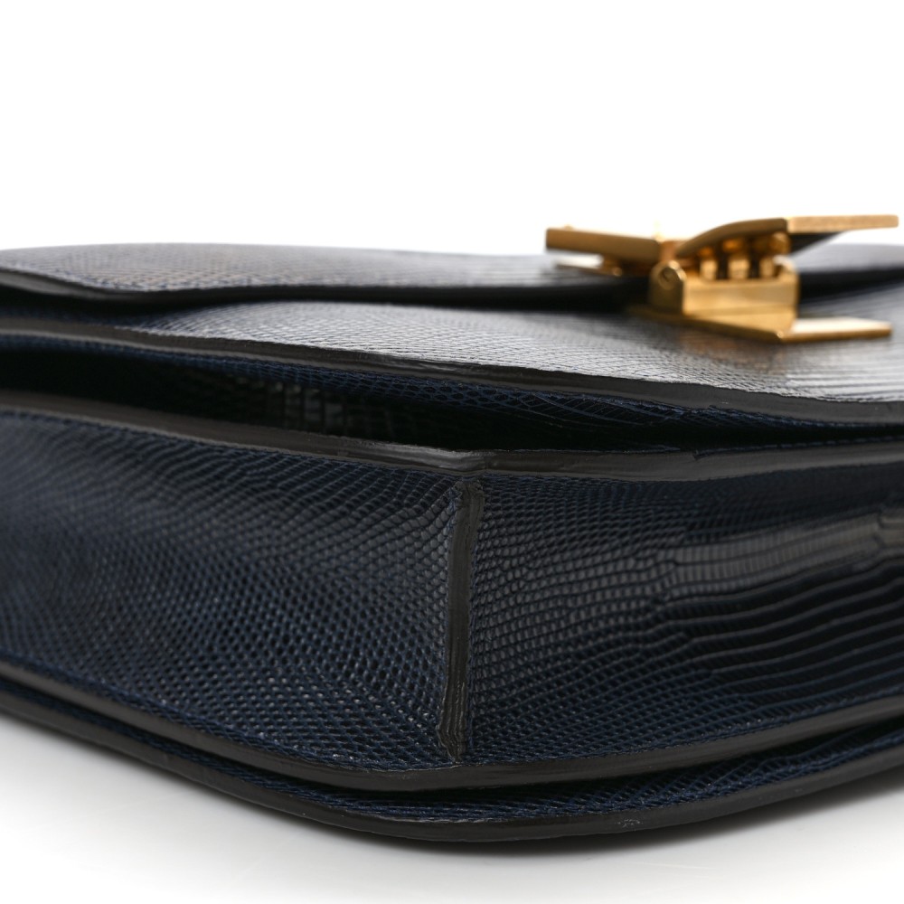 Lizard Medium Classic Box Flap Bag Navy