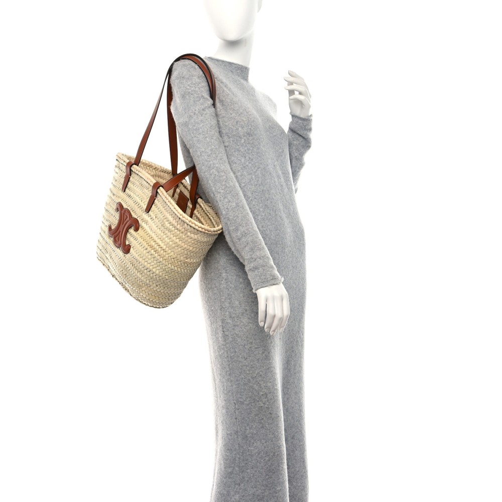 Raffia Calfskin Triomphe Medium Panier Tan