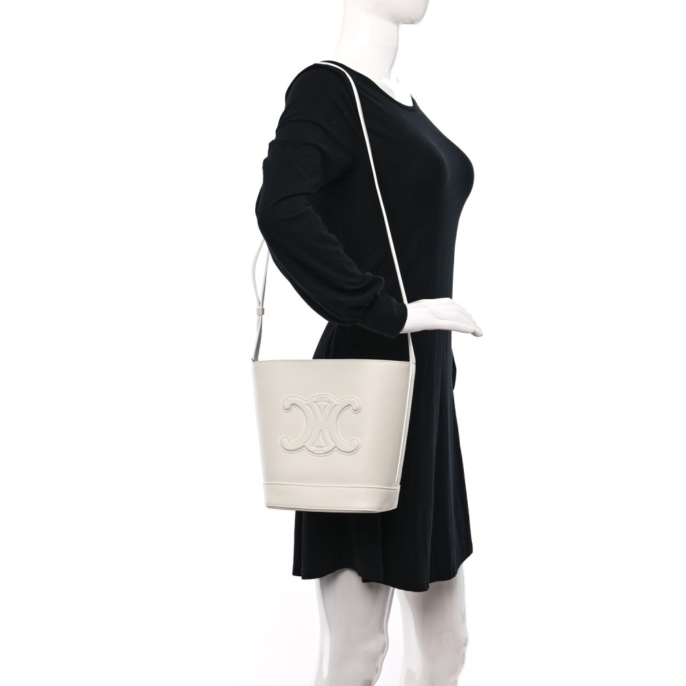 Grained Calfskin Small Cuir Triomphe Bucket Bag White