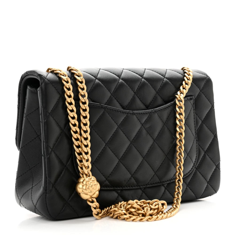 Lambskin Quilted Small Sweet Camellia Flap Black