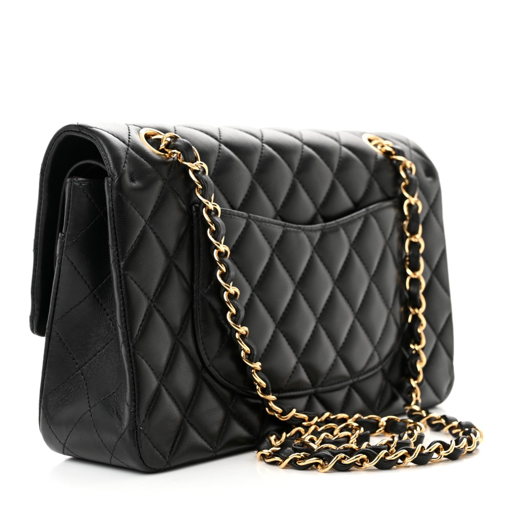 Lambskin Quilted Medium Double Flap Black