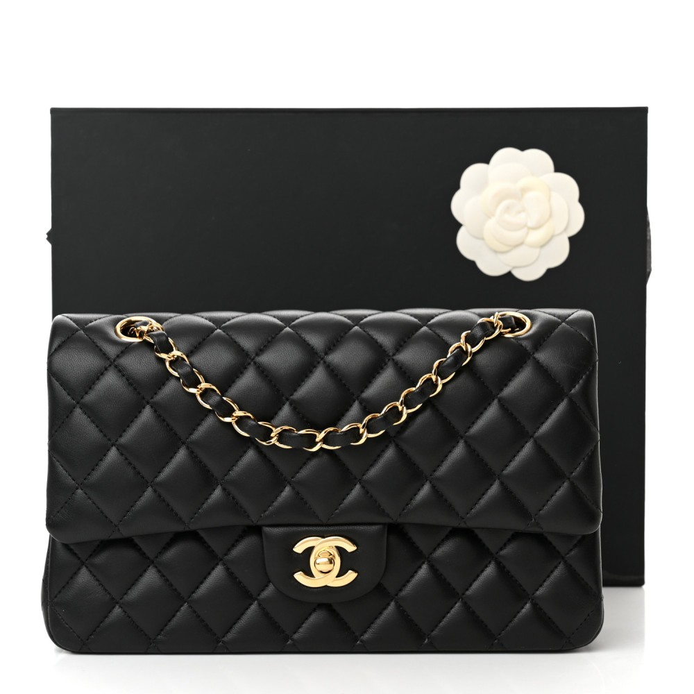 Lambskin Quilted Medium Double Flap Black