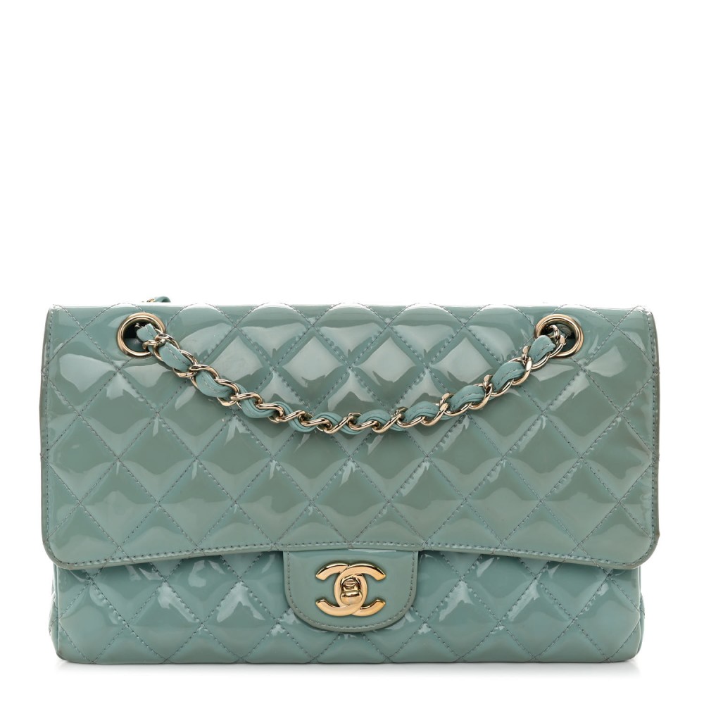 Patent Quilted Medium Double Flap Blue