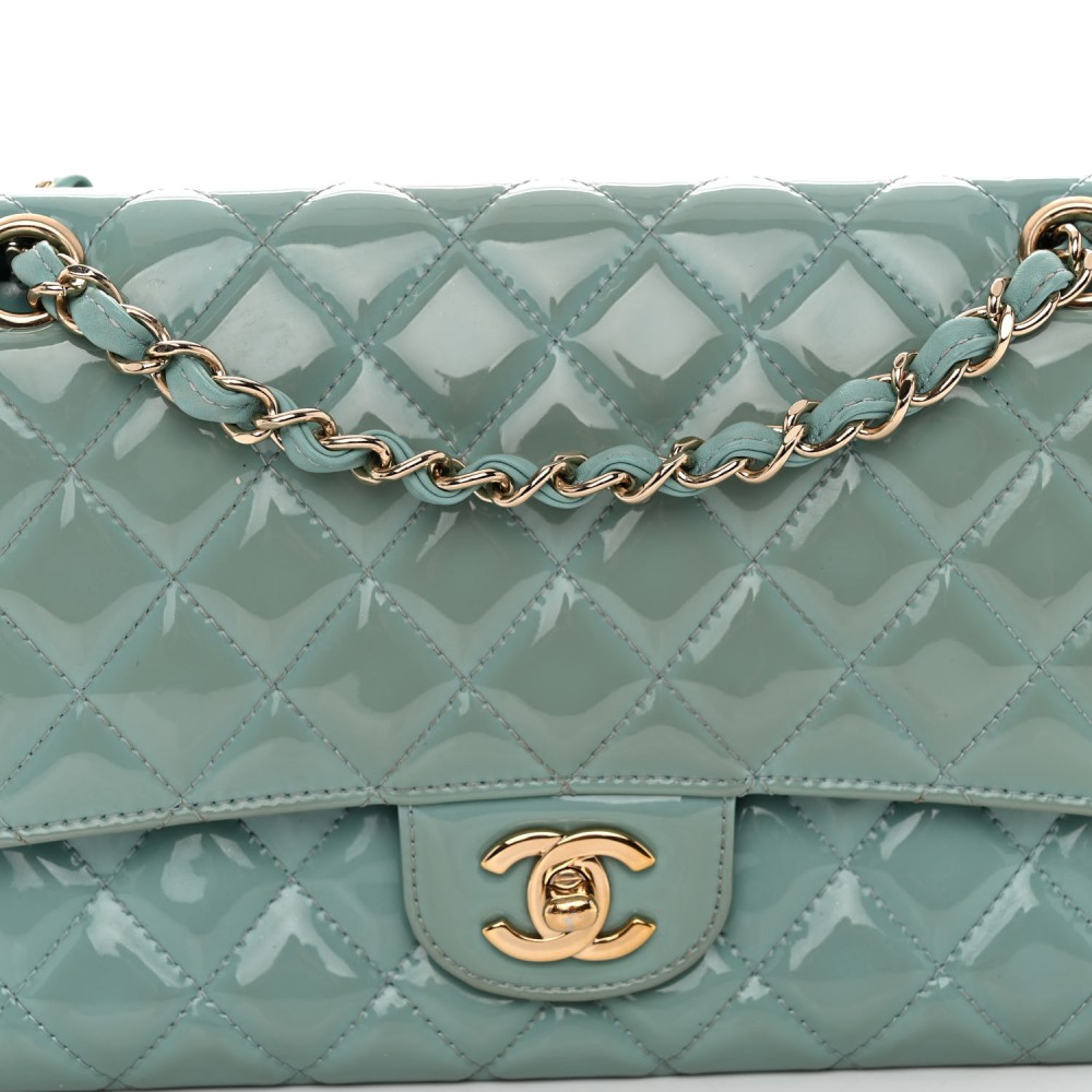 Patent Quilted Medium Double Flap Blue