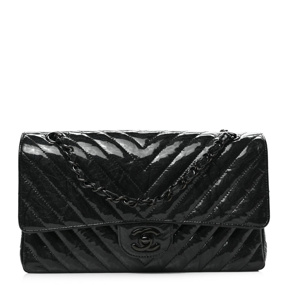 Metallic Patent Crumpled Calfskin Chevron Quilted Medium Double Flap So Black