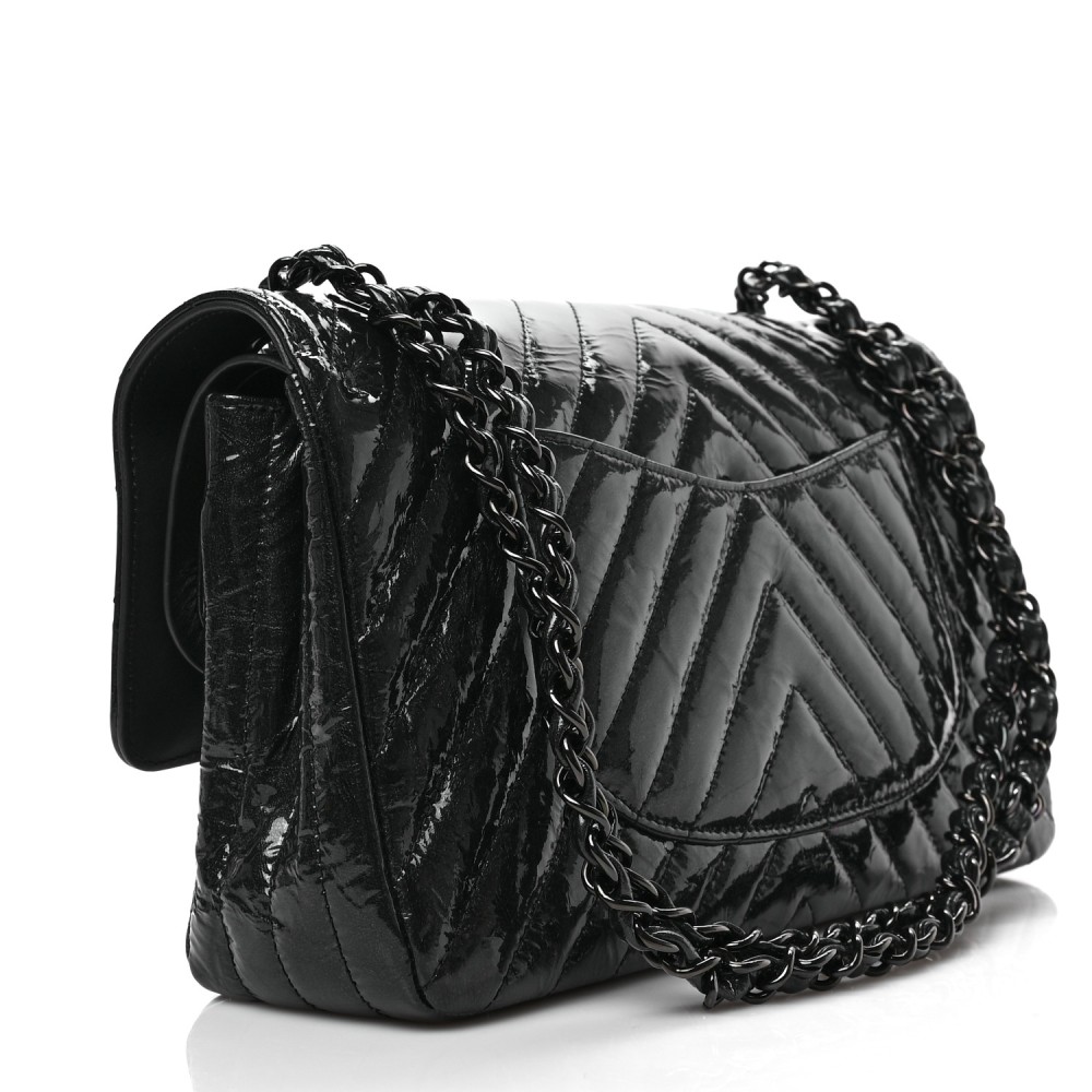 Metallic Patent Crumpled Calfskin Chevron Quilted Medium Double Flap So Black