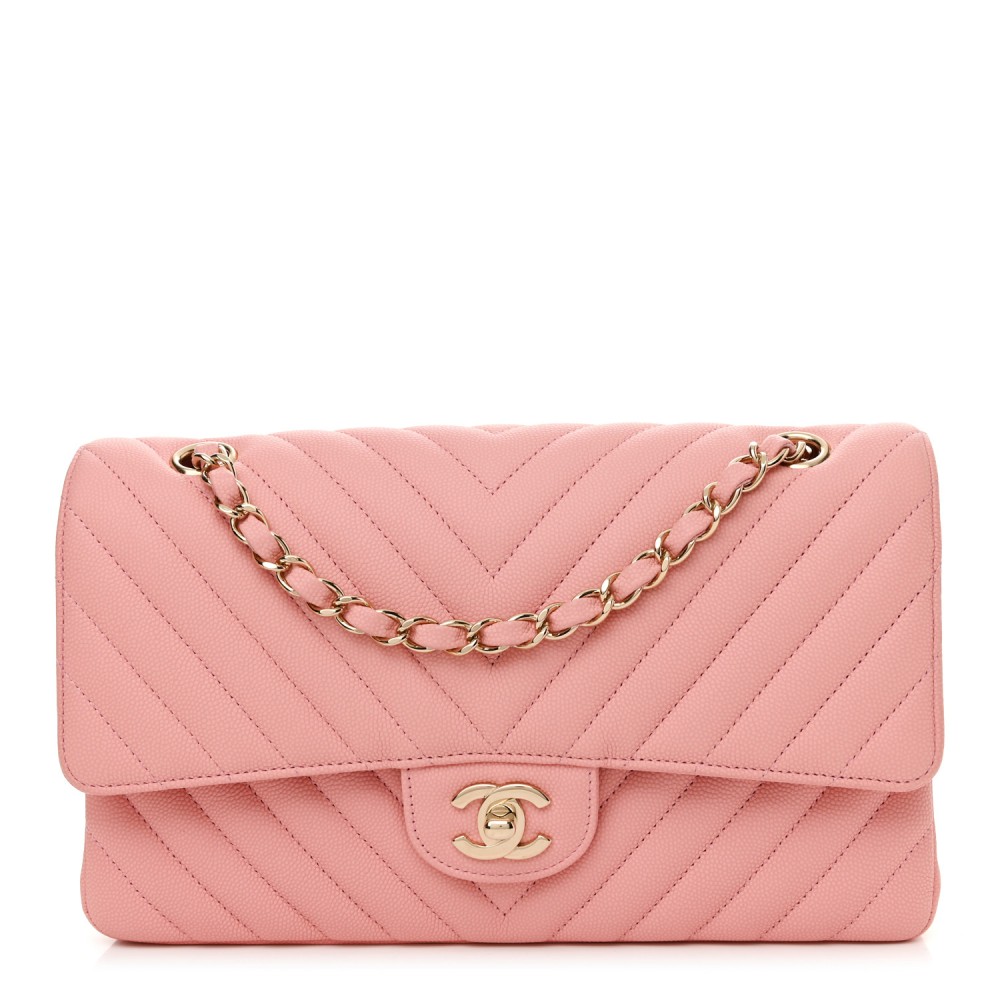 Caviar Flat Chevron Quilted Medium Double Flap Pink