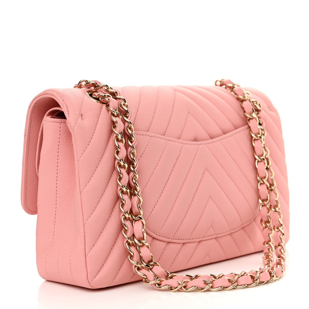 Caviar Flat Chevron Quilted Medium Double Flap Pink