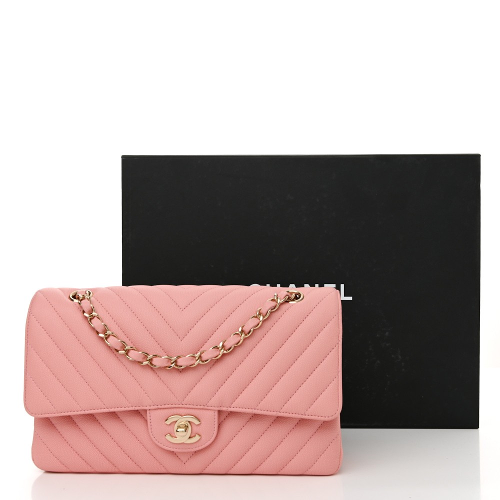 Caviar Flat Chevron Quilted Medium Double Flap Pink