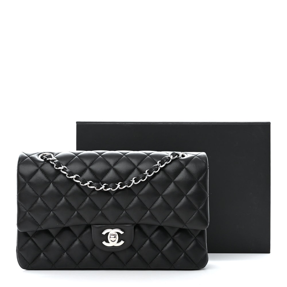 Lambskin Quilted Medium Double Flap Black