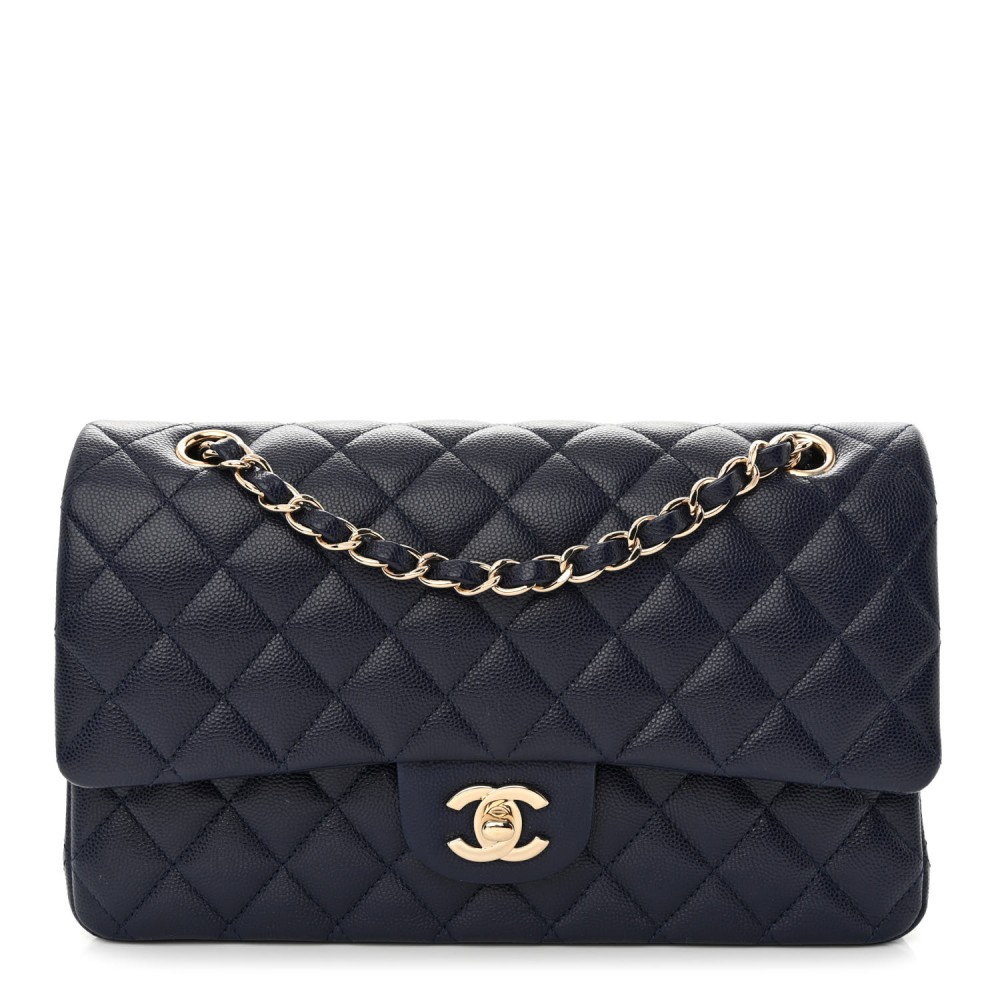 Caviar Quilted Medium Double Flap Navy