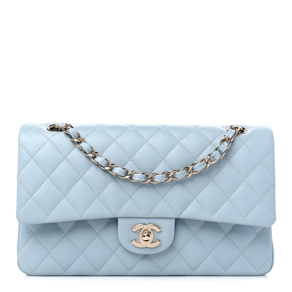 Caviar Quilted Medium Double Flap Light Blue