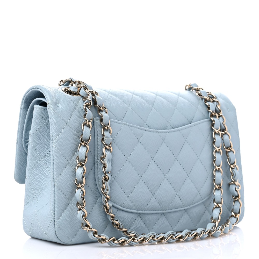 Caviar Quilted Medium Double Flap Light Blue