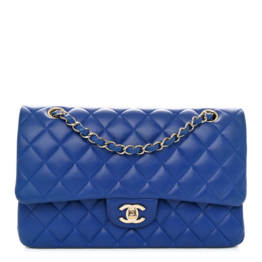 Lambskin Quilted Medium Double Flap Blue