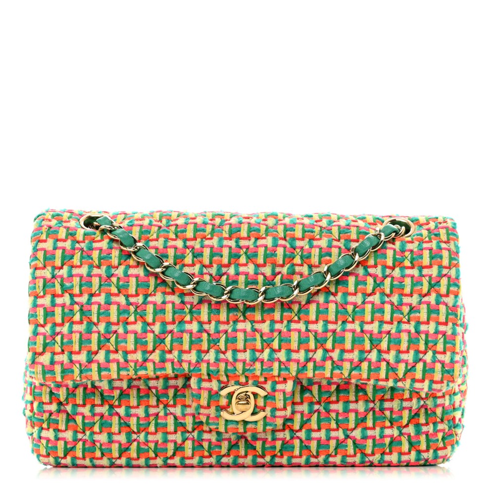 Tweed Quilted Medium Double Flap Green Multicolor