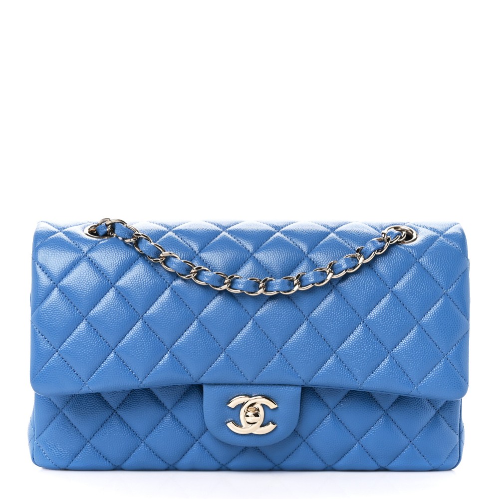 Caviar Quilted Medium Double Flap Blue