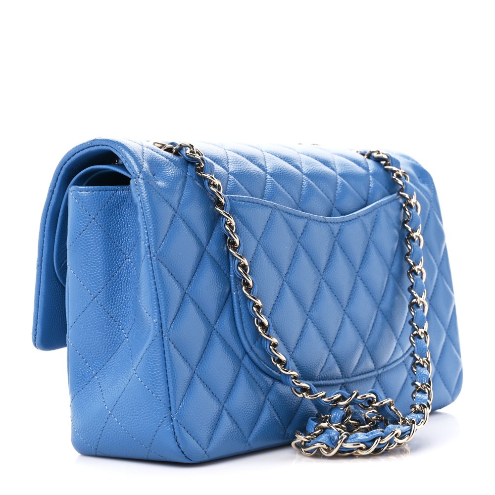 Caviar Quilted Medium Double Flap Blue