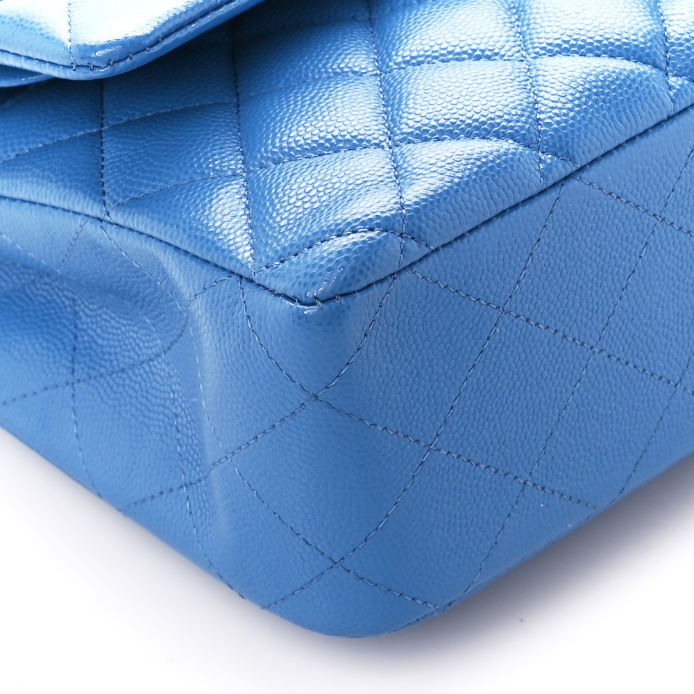 Caviar Quilted Medium Double Flap Blue