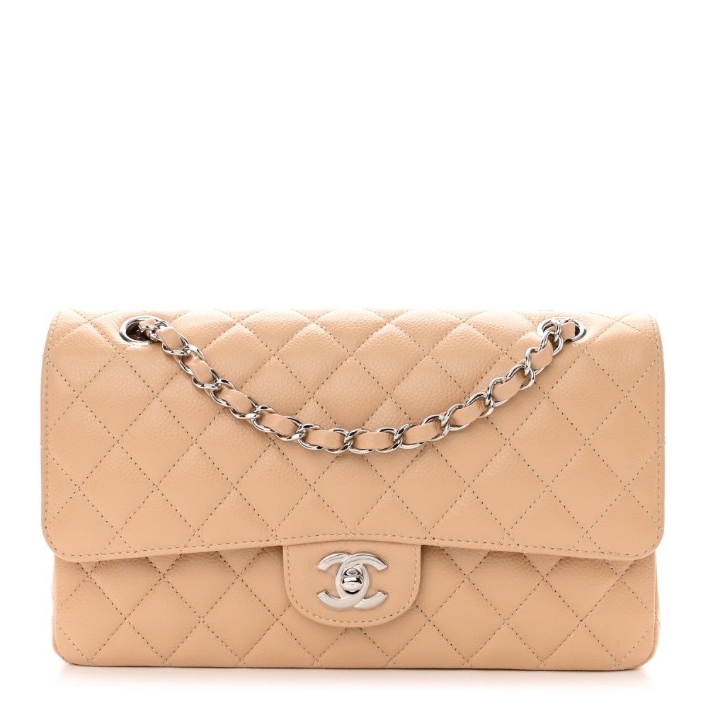 Caviar Quilted Medium Double Flap Beige