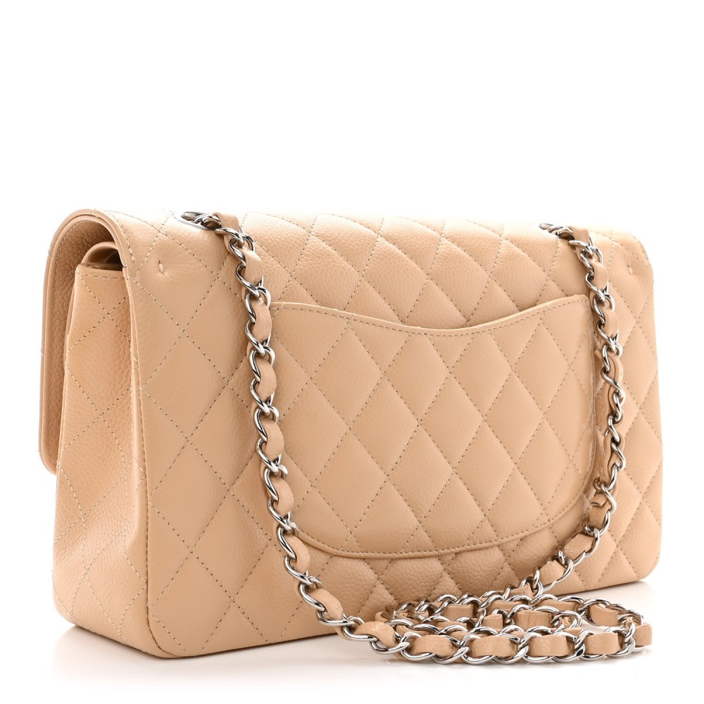 Caviar Quilted Medium Double Flap Beige