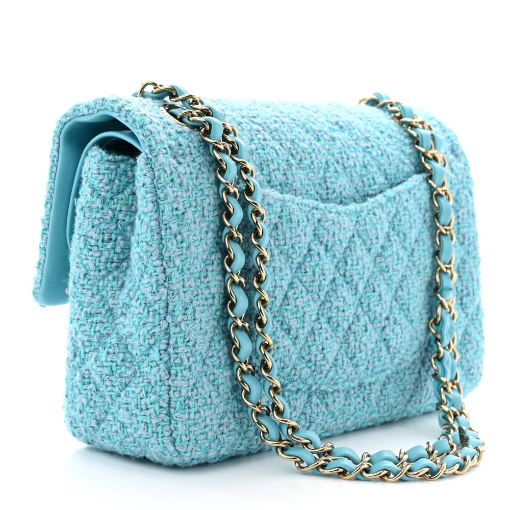 Tweed Quilted Medium Double Flap Blue