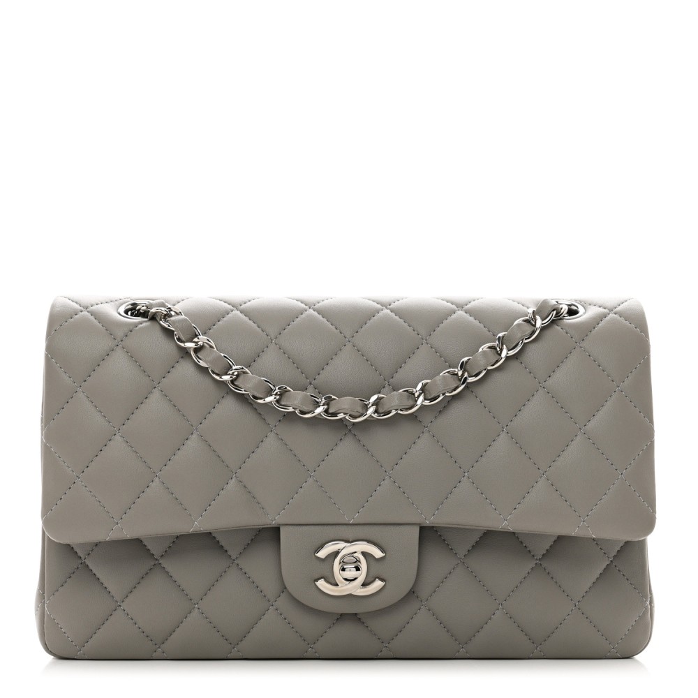 Lambskin Quilted Medium Double Flap Grey