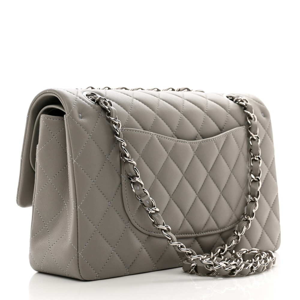 Lambskin Quilted Medium Double Flap Grey