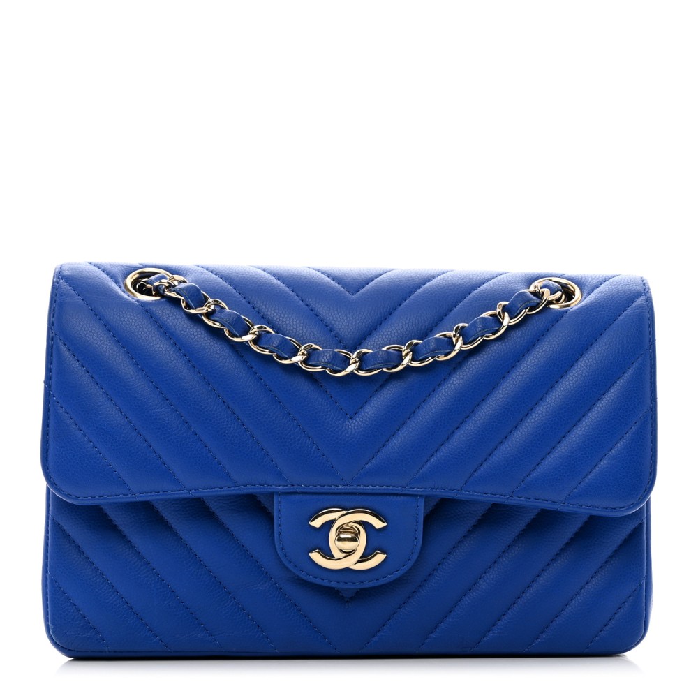 Caviar Chevron Quilted Small Double Flap Blue