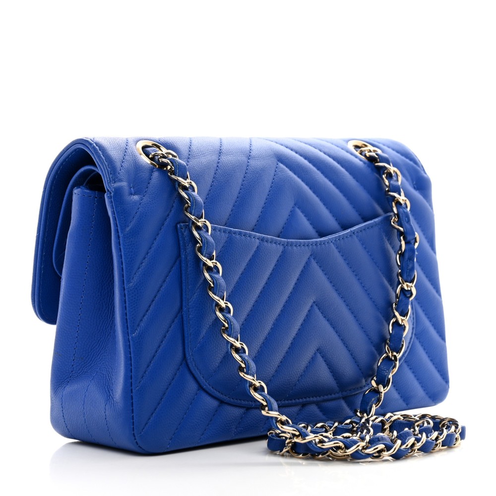 Caviar Chevron Quilted Small Double Flap Blue