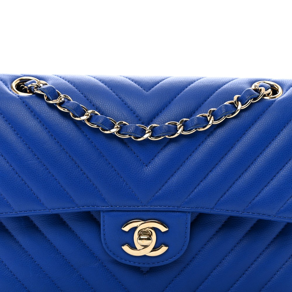 Caviar Chevron Quilted Small Double Flap Blue