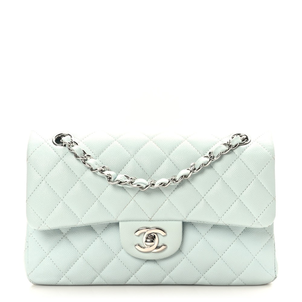 Caviar Quilted Small Double Flap Light Blue