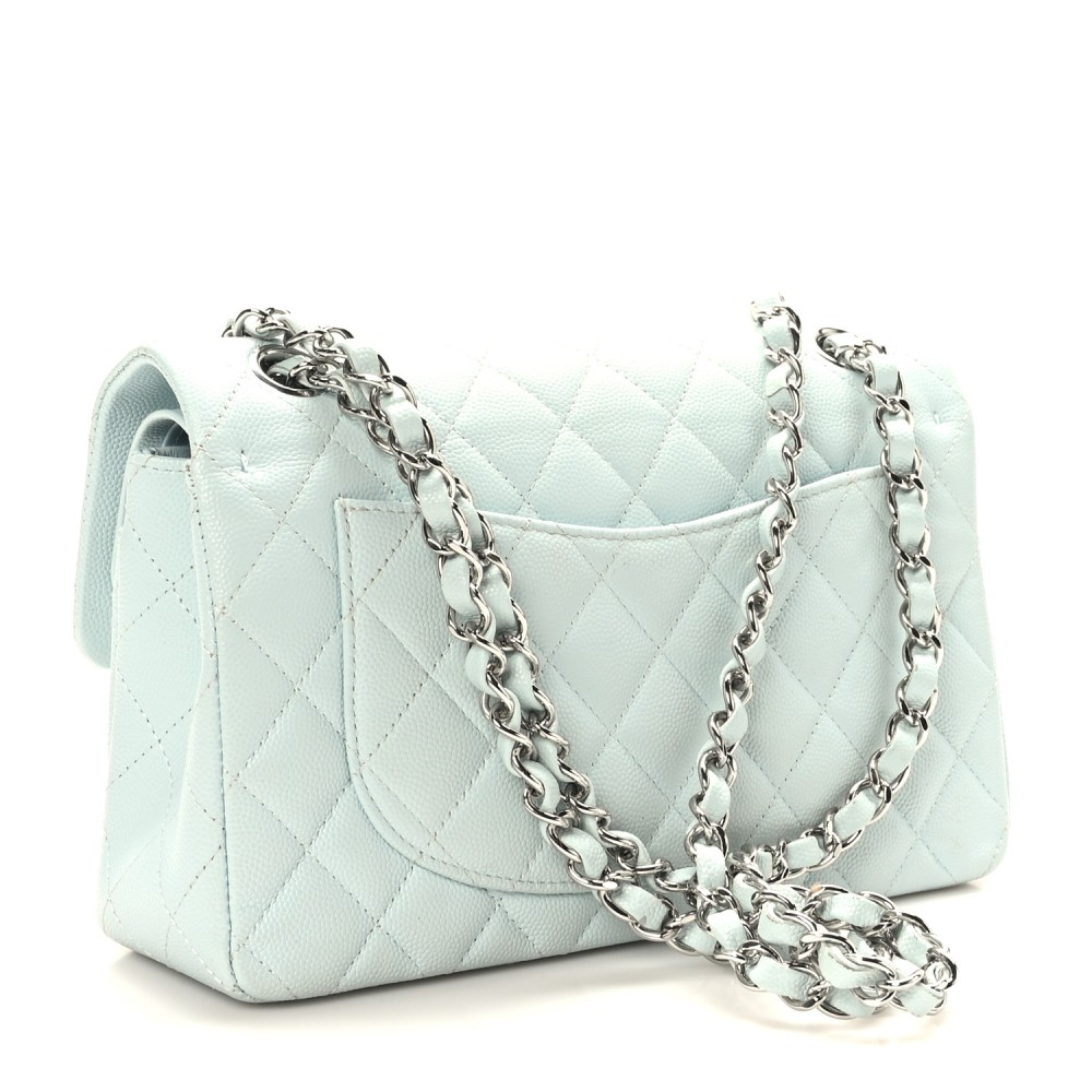 Caviar Quilted Small Double Flap Light Blue