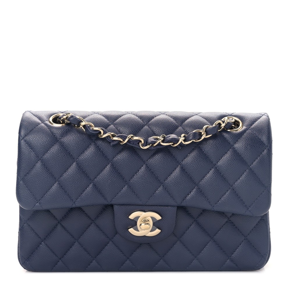 Caviar Quilted Small Double Flap Blue