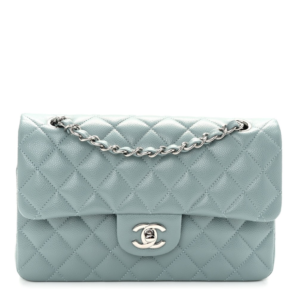 Caviar Quilted Small Double Flap Blue