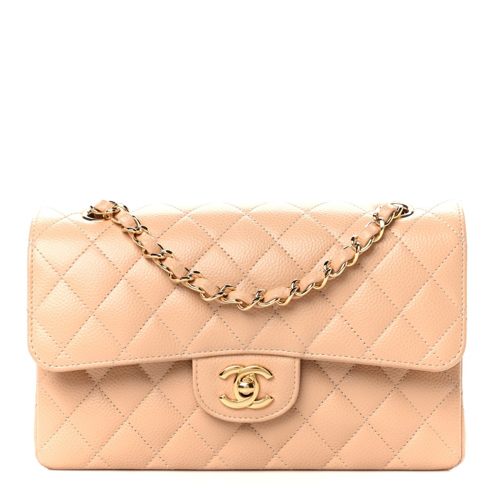 Caviar Quilted Small Double Flap Beige