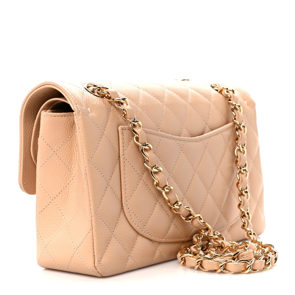 Caviar Quilted Small Double Flap Beige