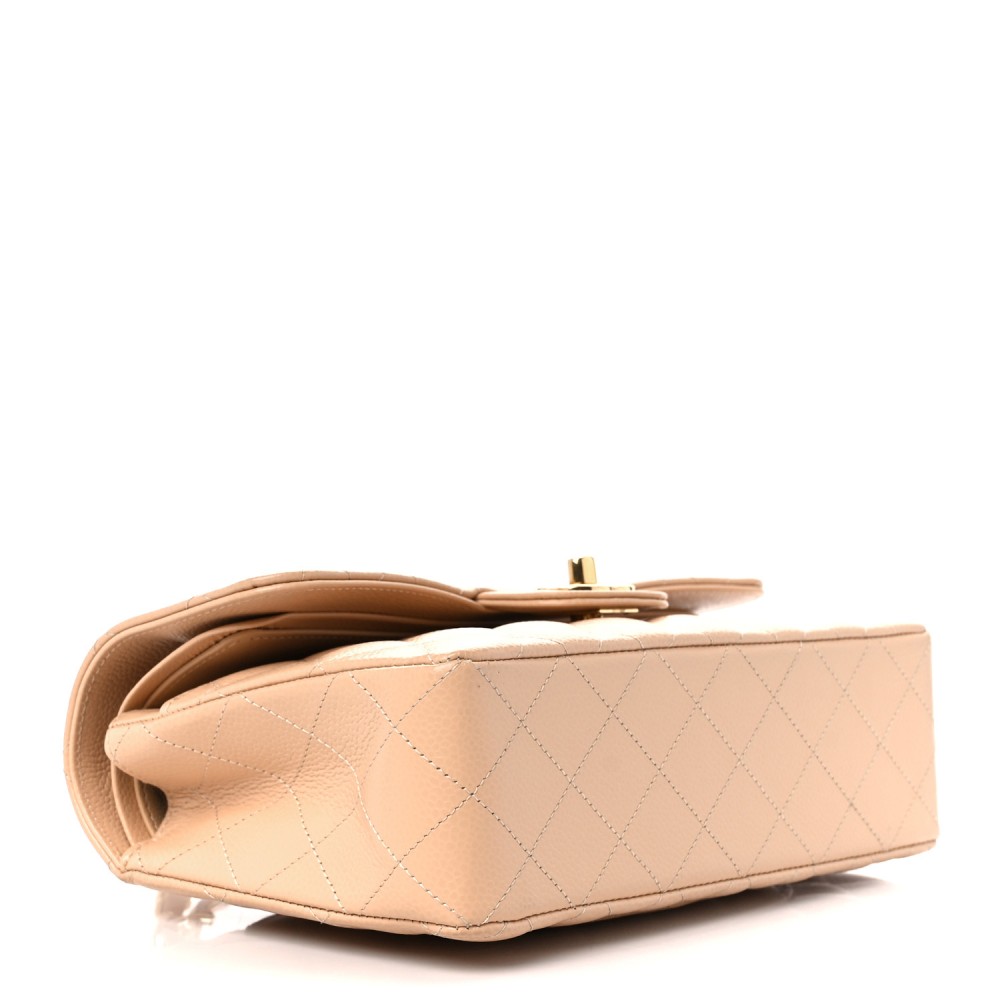 Caviar Quilted Small Double Flap Beige