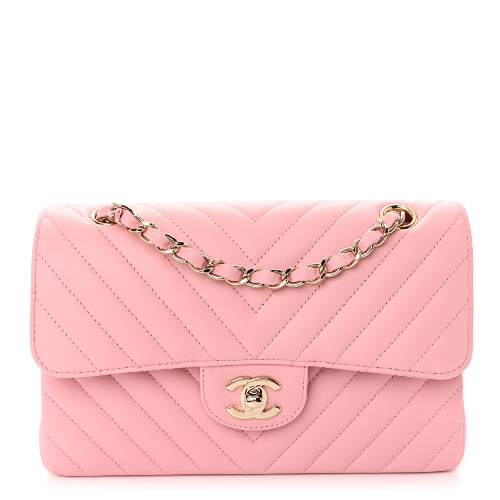 Caviar Chevron Quilted Small Double Flap Pink