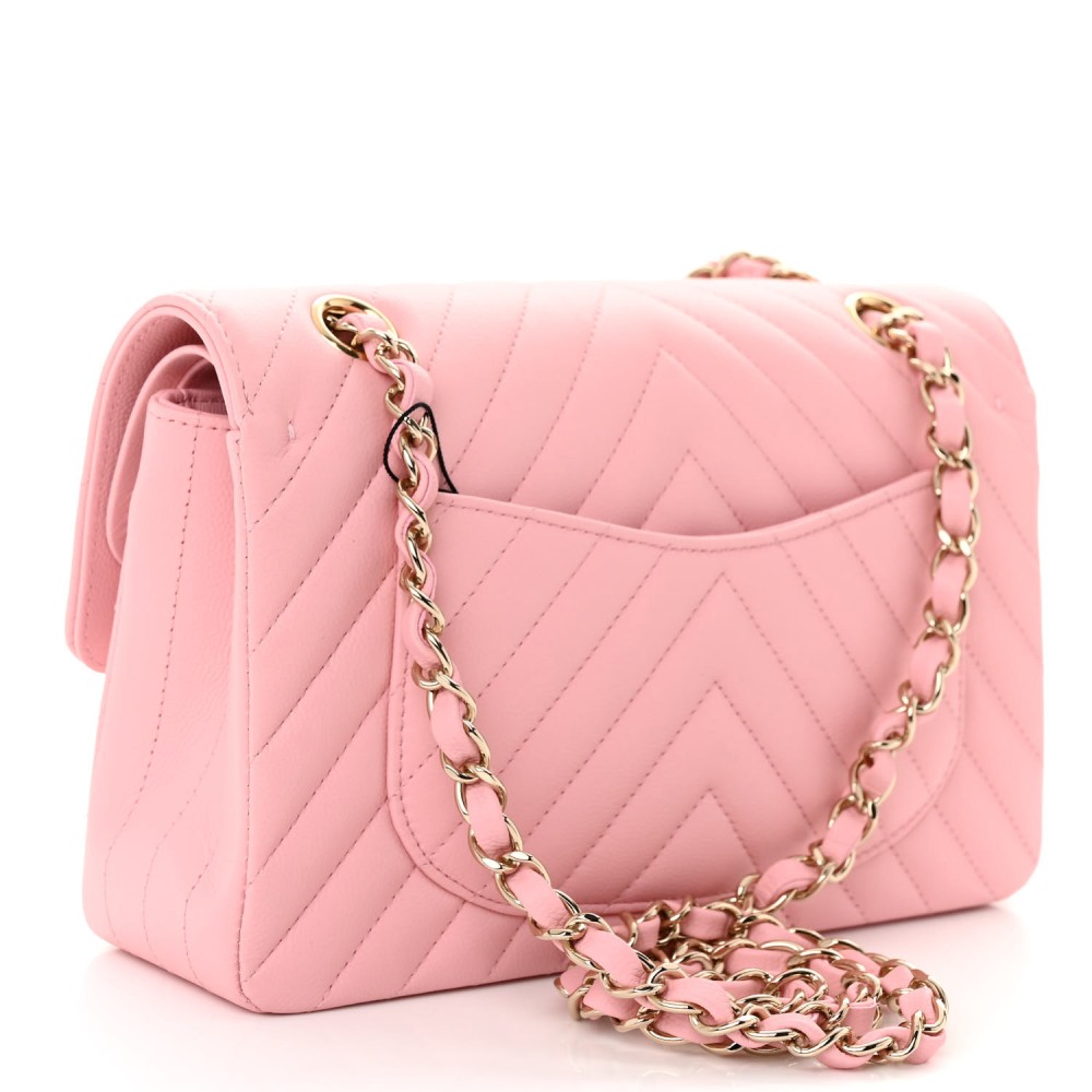 Caviar Chevron Quilted Small Double Flap Pink