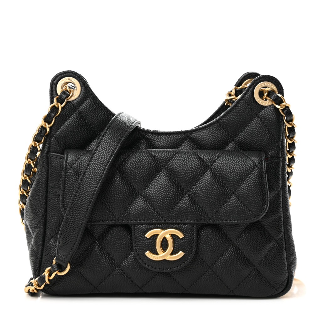 Caviar Quilted Small Wavy CC Hobo Black