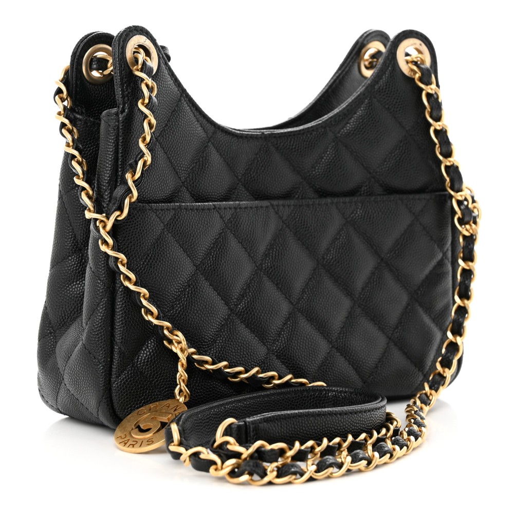 Caviar Quilted Small Wavy CC Hobo Black