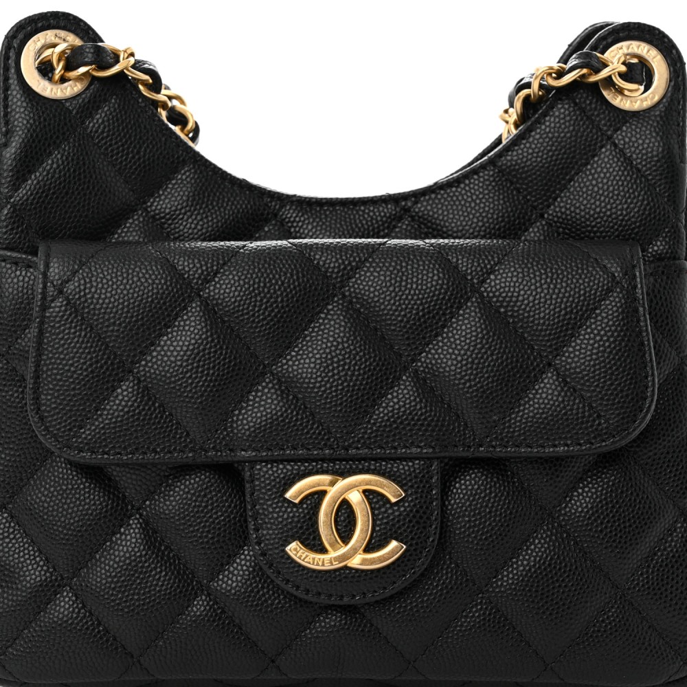 Caviar Quilted Small Wavy CC Hobo Black