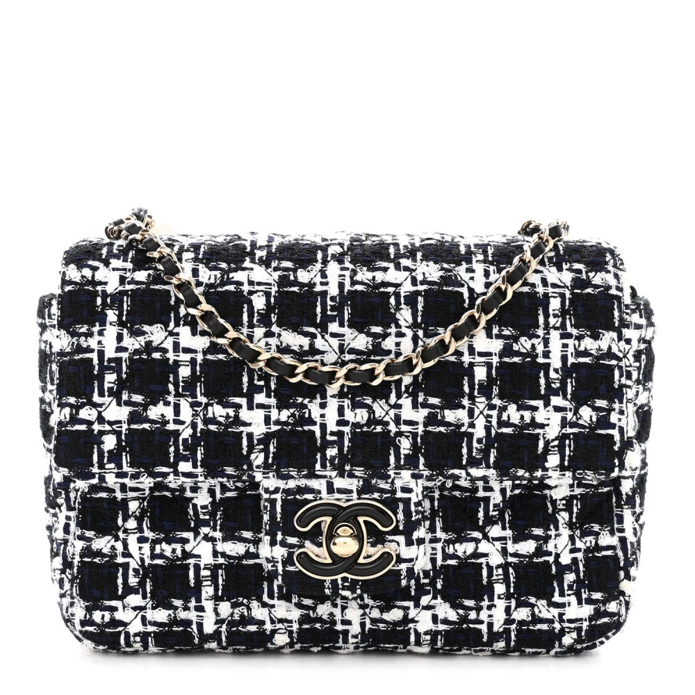 Tweed Resin Quilted Mini Heart Square Flap Navy White Black