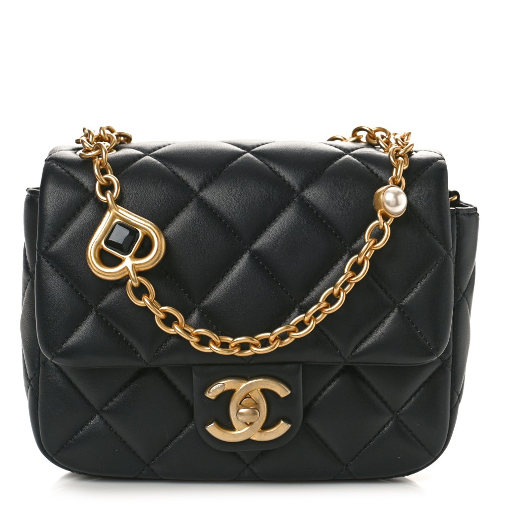 Lambskin Enamel Pearl Quilted Mini Charm Me Square Flap Black